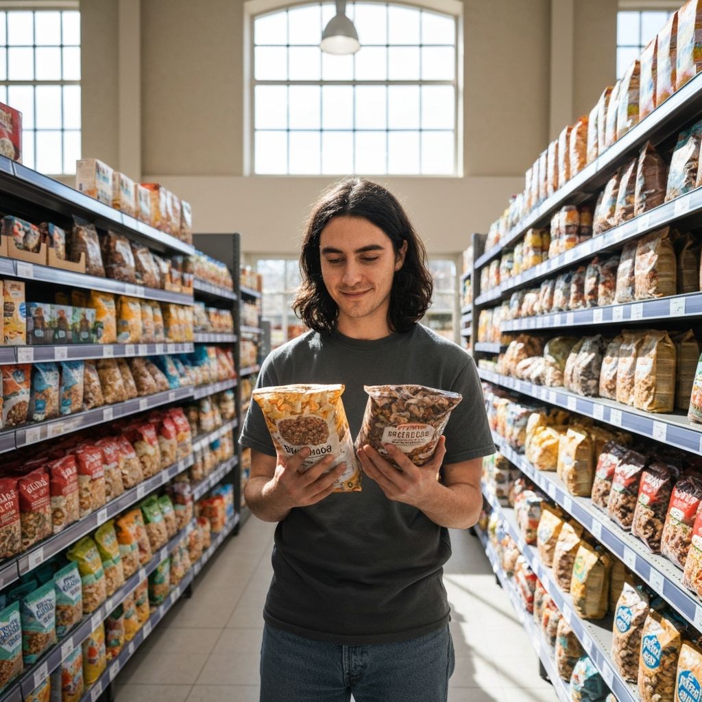 Person in a British supermarket aisle making a mindful choice