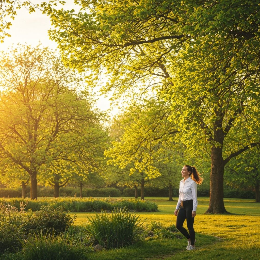 Person taking a leisurely walk in a British park after work